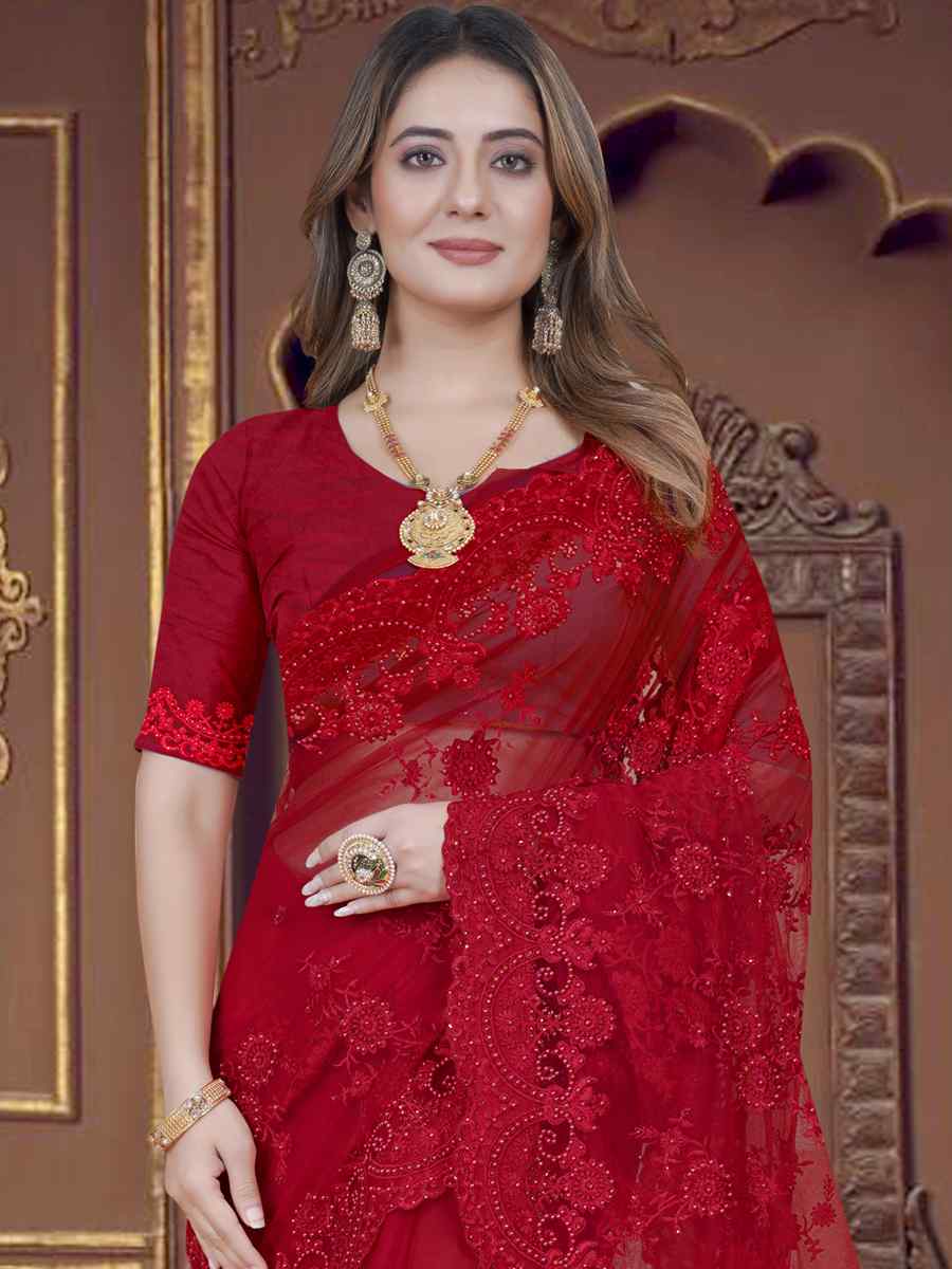 Red Net Embroidered Wedding Party Heavy Border Saree