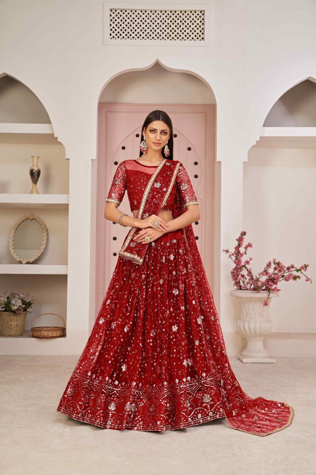 Red Net Embroidered Wedding Reception Festival Heavy Border Lehenga Choli