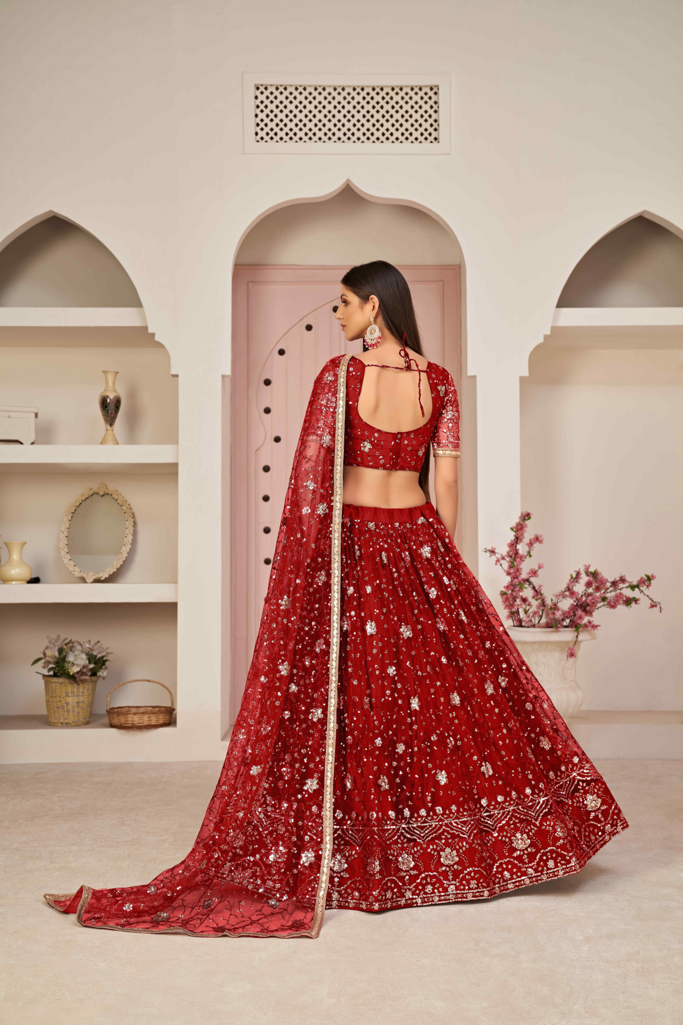 Red Net Embroidered Wedding Reception Festival Heavy Border Lehenga Choli