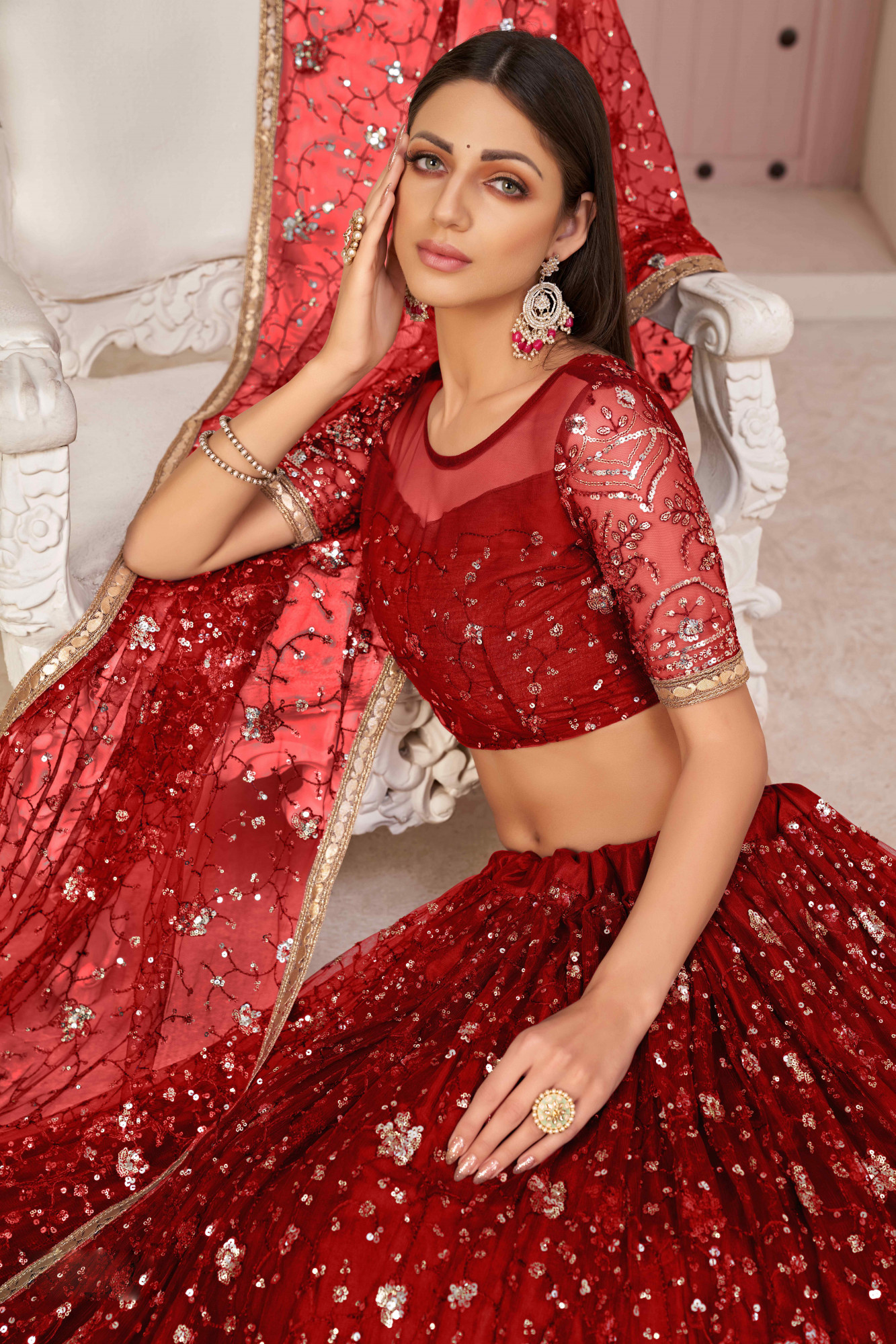 Red Net Embroidered Wedding Reception Festival Heavy Border Lehenga Choli