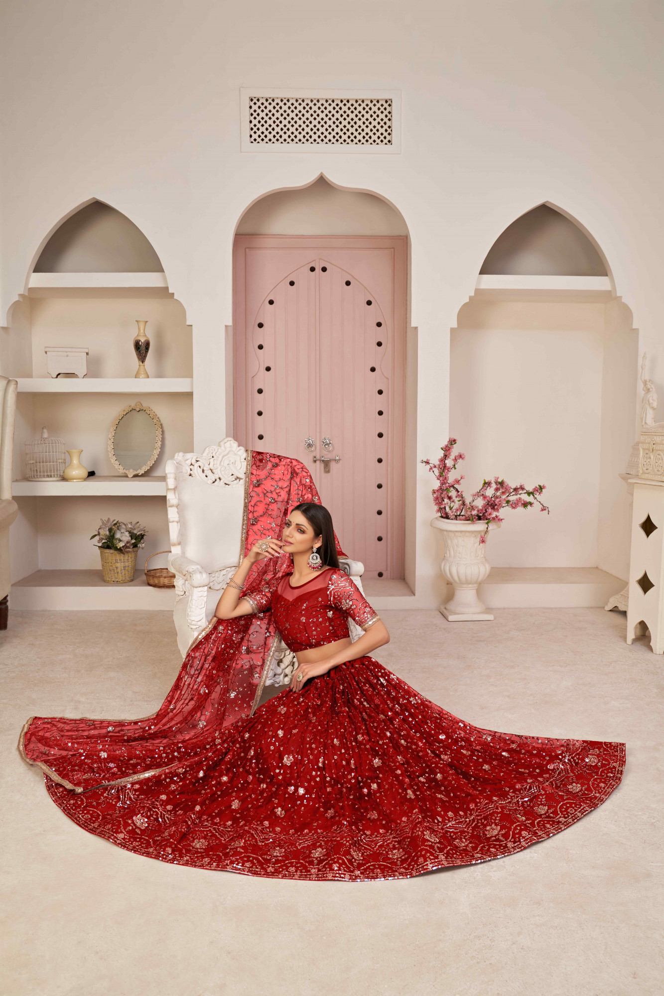 Red Net Embroidered Wedding Reception Festival Heavy Border Lehenga Choli