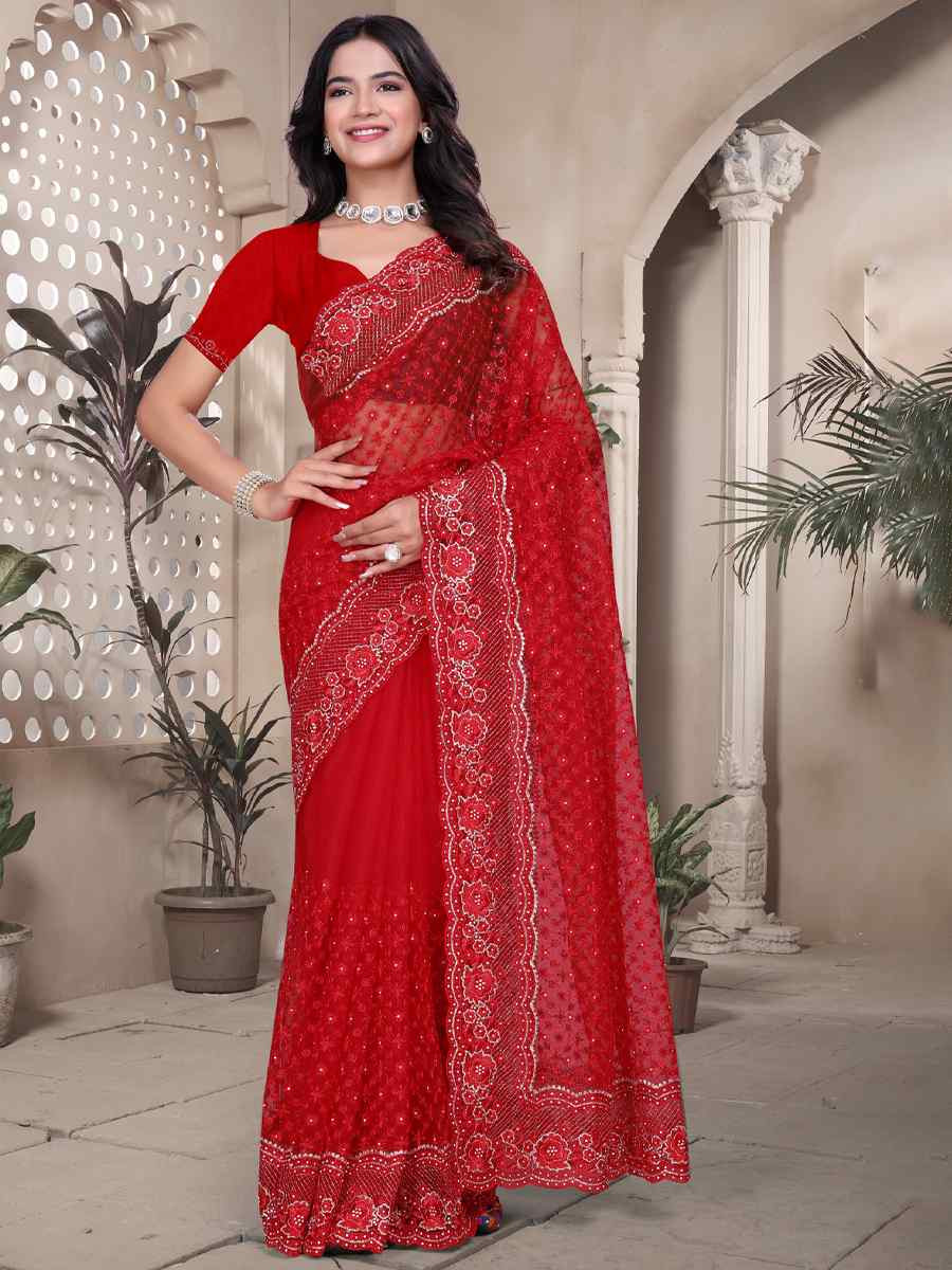Red Net Embroidery Party Bridal Reception Festival Wedding Fancy Heavy Border Saree