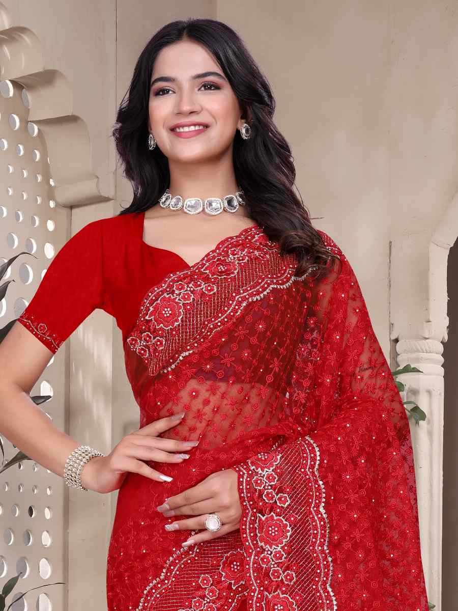 Red Net Embroidery Party Bridal Reception Festival Wedding Fancy Heavy Border Saree