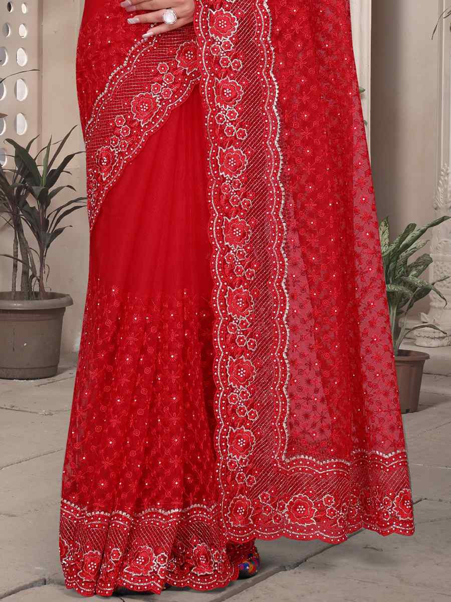 Red Net Embroidery Party Bridal Reception Festival Wedding Fancy Heavy Border Saree