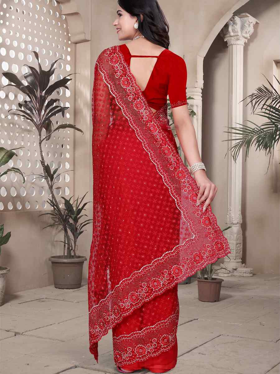 Red Net Embroidery Party Bridal Reception Festival Wedding Fancy Heavy Border Saree