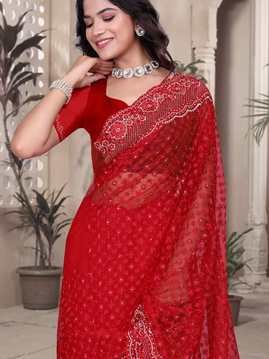 Red Net Embroidery Party Bridal Reception Festival Wedding Fancy Heavy Border Saree