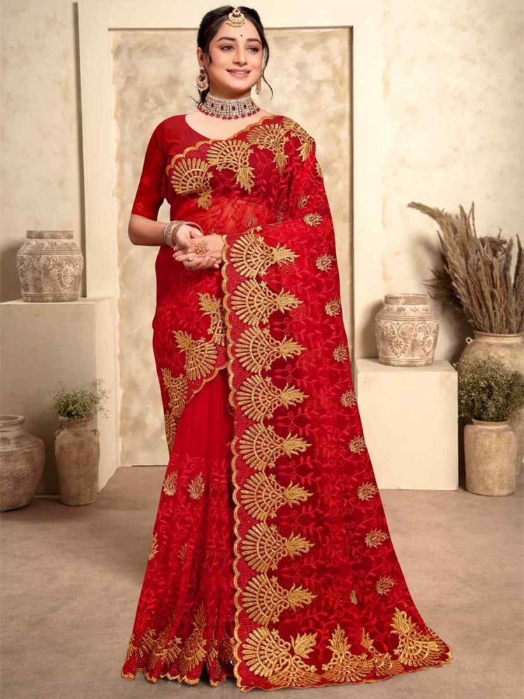 Red Net Embroidery Party Wedding Heavy Border Saree