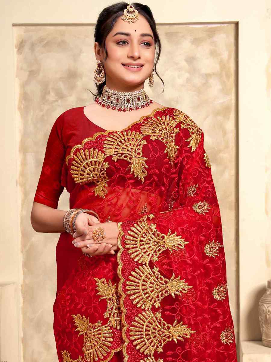 Red Net Embroidery Party Wedding Heavy Border Saree