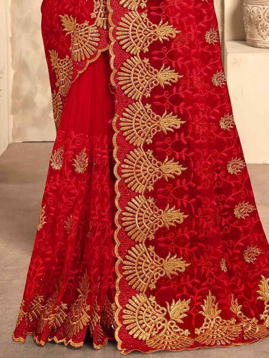 Red Net Embroidery Party Wedding Heavy Border Saree