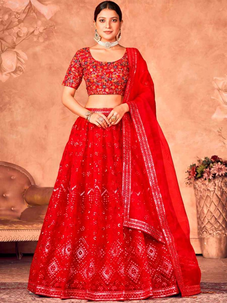 Red Organza Embroidered Festival Party Wear Circular Lehenga Choli