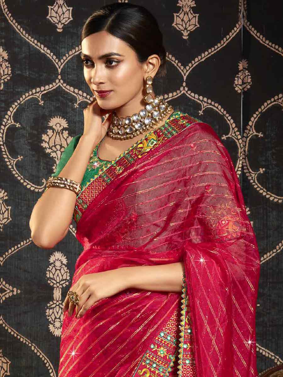 Red Organza Embroidered Party Festival Classic Style Saree