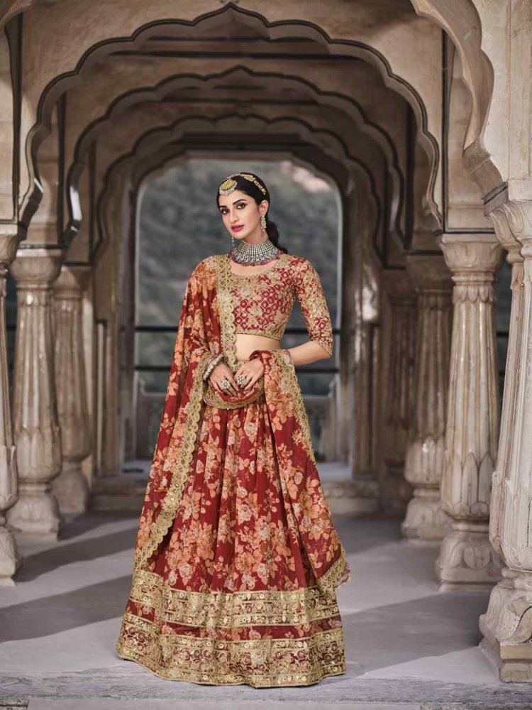 Red Organza Embroidered Printed Wedding Bridesmaid Heavy Border Lehenga Choli