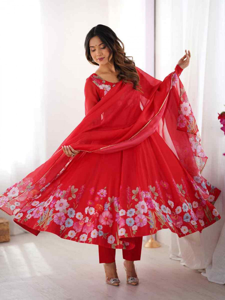 Image of Red Organza Floral Printed Embroidery Party Wedding Festival Casual Ready Anarkali Salwar Kameez