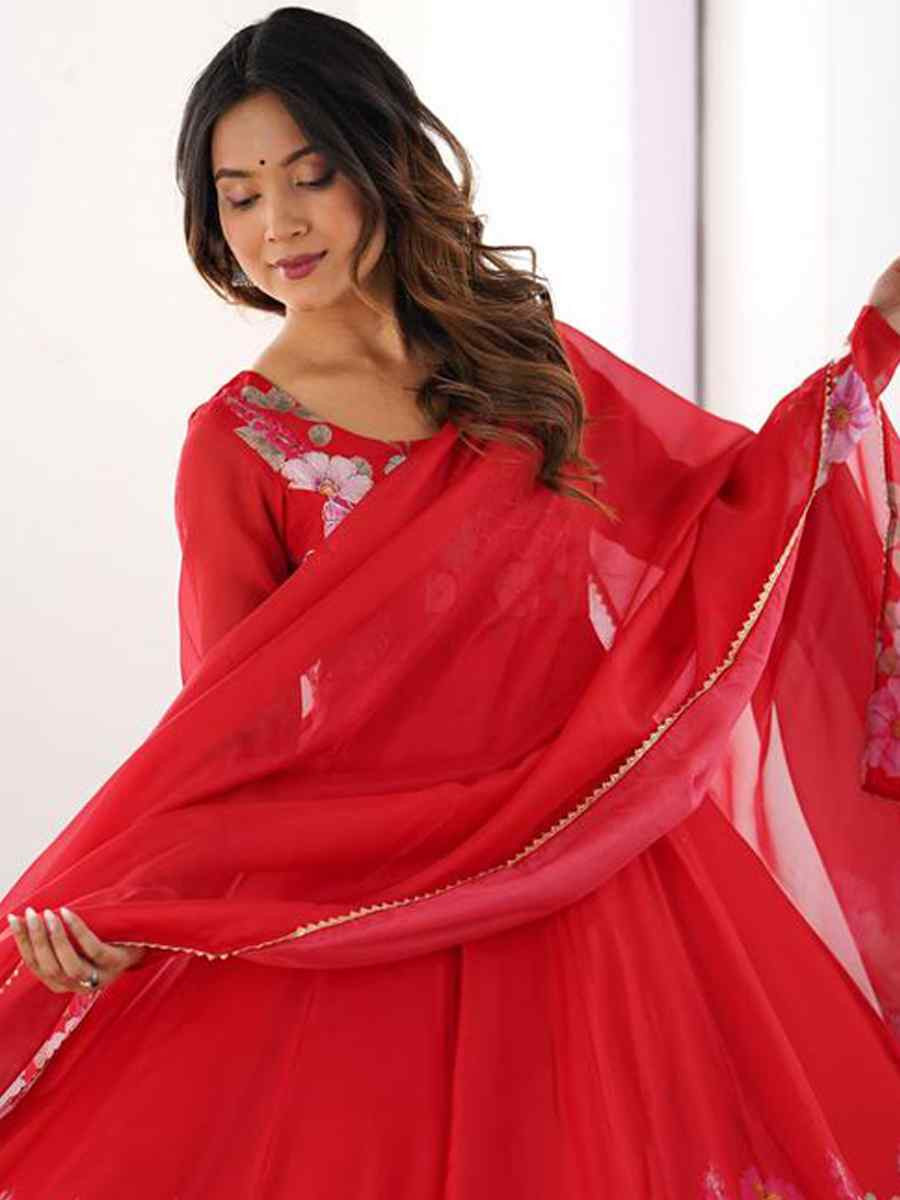 Red Organza Floral Printed Embroidery Party Wedding Festival Casual Ready Anarkali Salwar Kameez