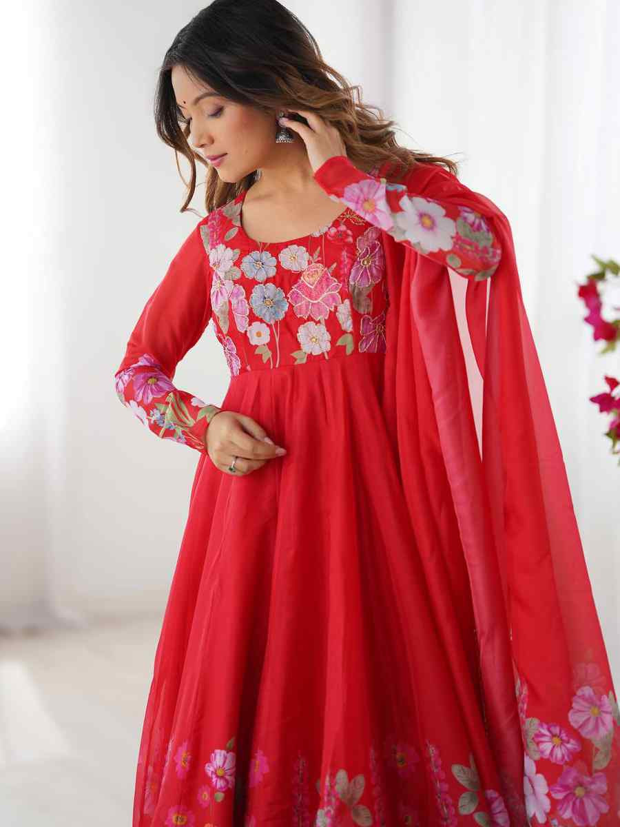 Red Organza Floral Printed Embroidery Party Wedding Festival Casual Ready Anarkali Salwar Kameez