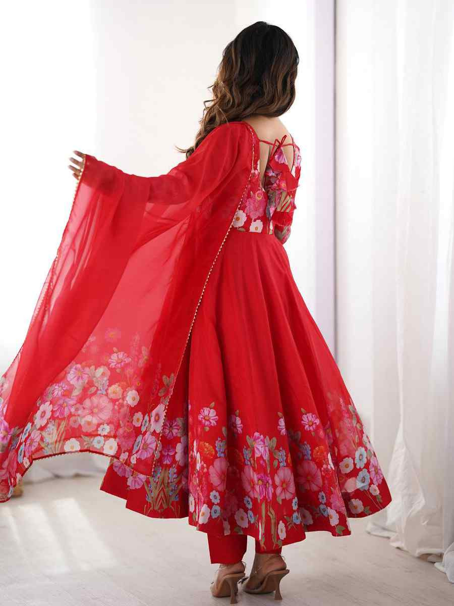 Red Organza Floral Printed Embroidery Party Wedding Festival Casual Ready Anarkali Salwar Kameez