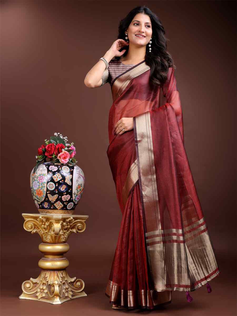 Red Organza Handwoven Festival Wedding Fancy Heavy Border Saree