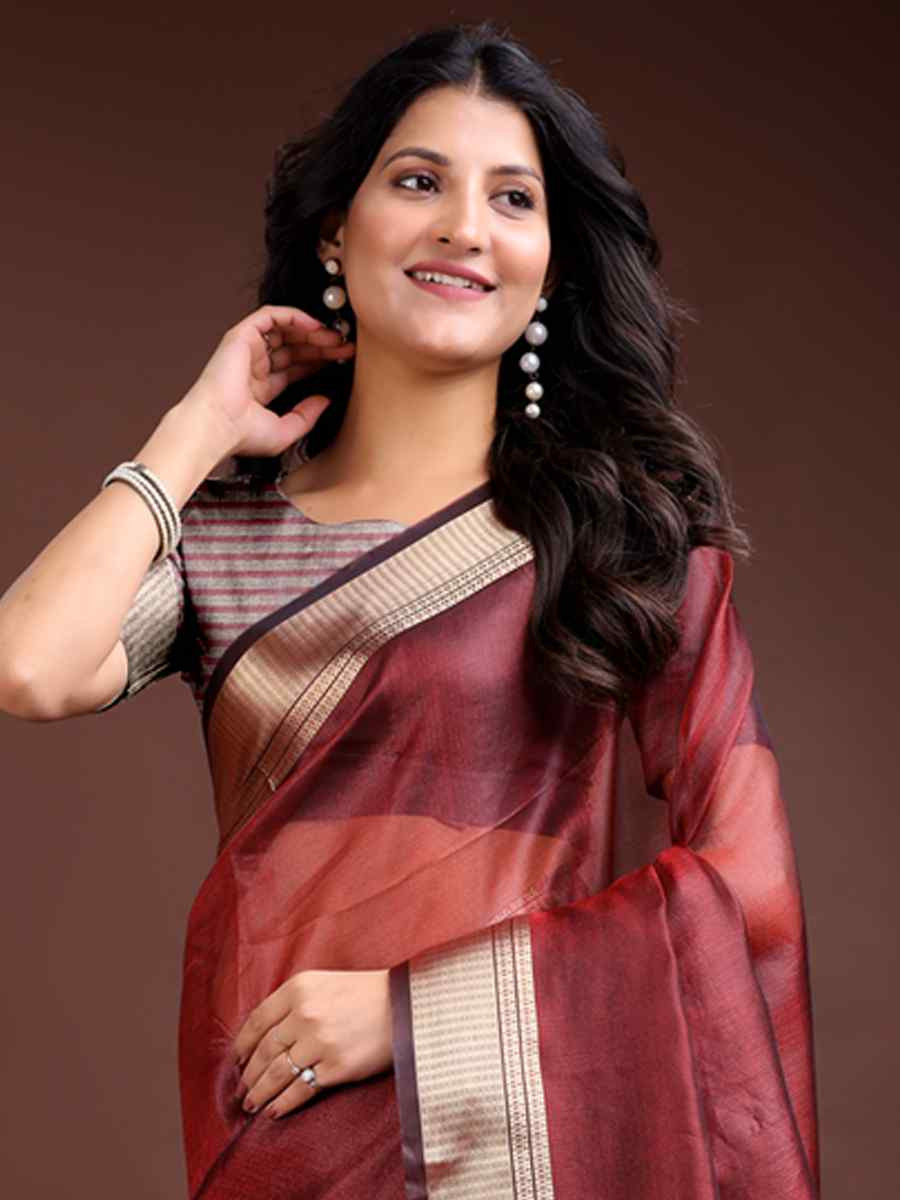 Red Organza Handwoven Festival Wedding Fancy Heavy Border Saree