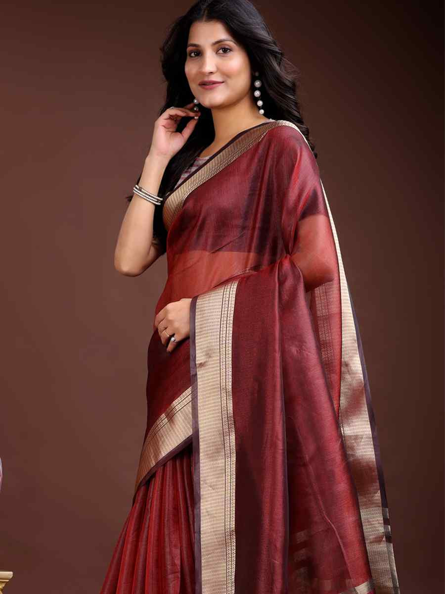 Red Organza Handwoven Festival Wedding Fancy Heavy Border Saree