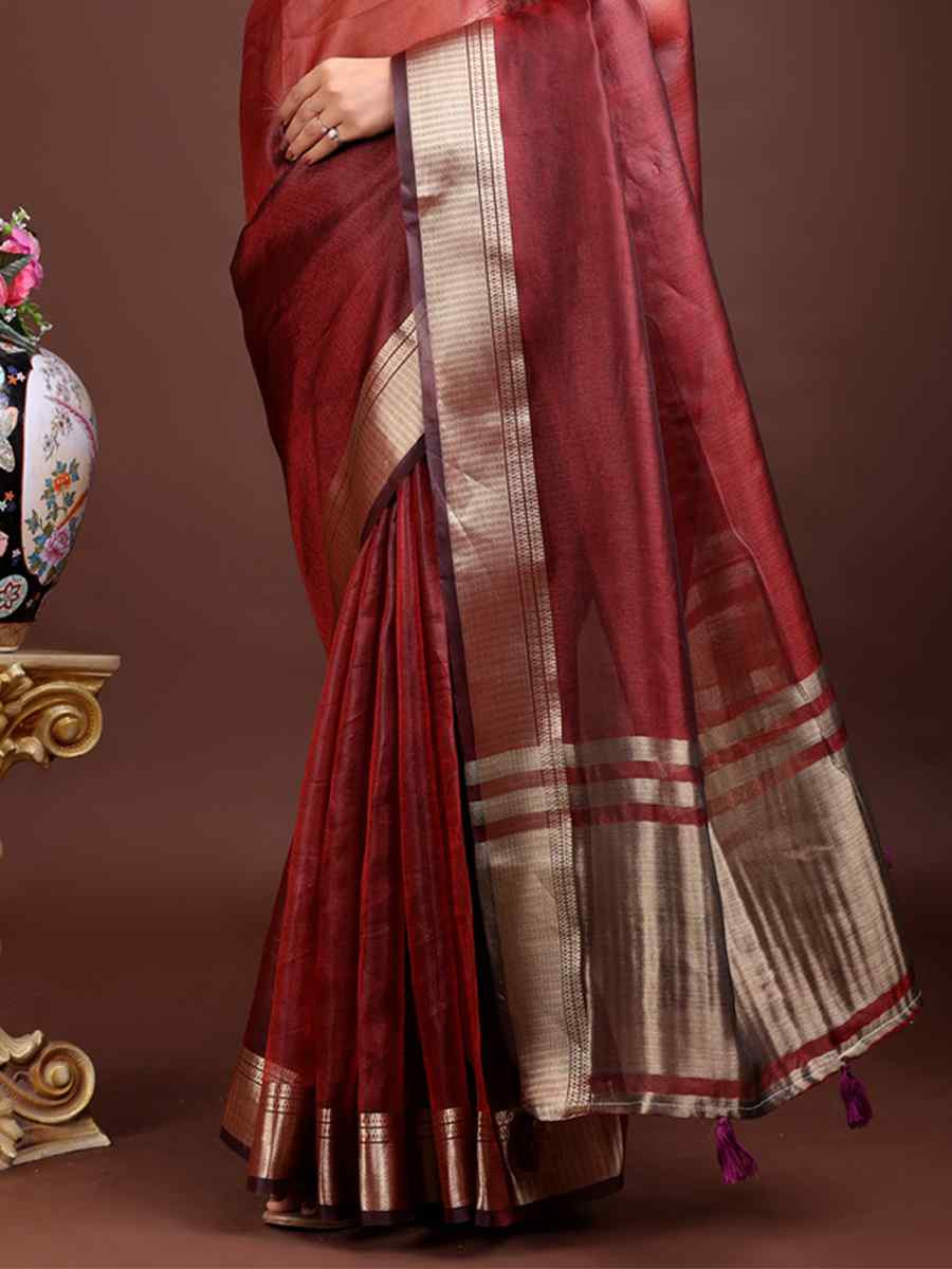 Red Organza Handwoven Festival Wedding Fancy Heavy Border Saree