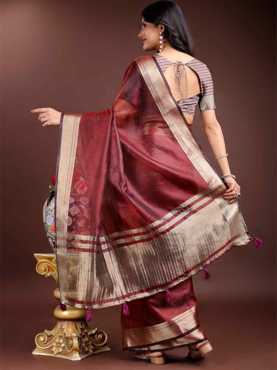 Red Organza Handwoven Festival Wedding Fancy Heavy Border Saree