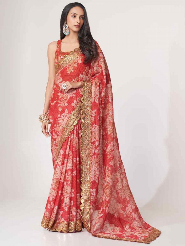 Image of Red Organza Printed Embroidery Festival Wedding Fancy Heavy Border Saree