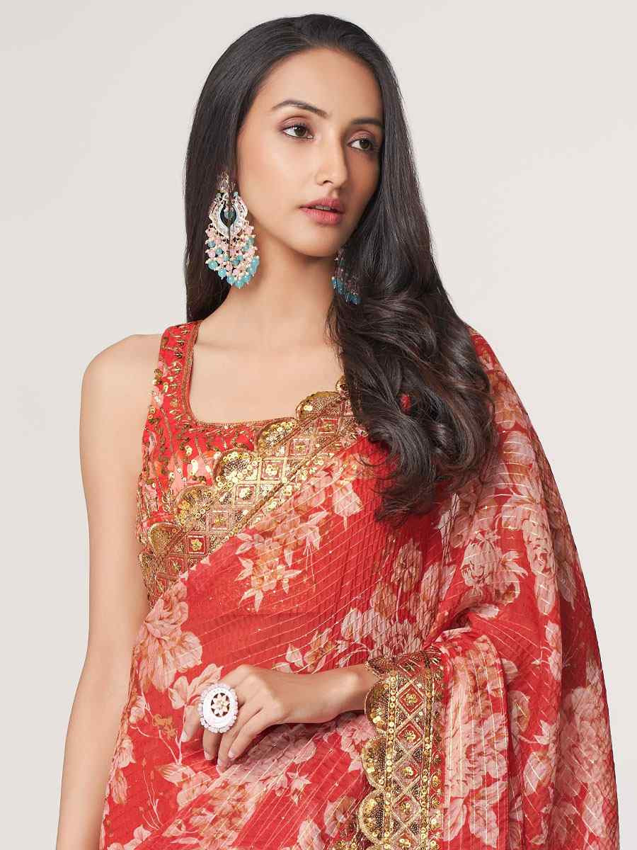 Red Organza Printed Embroidery Festival Wedding Fancy Heavy Border Saree