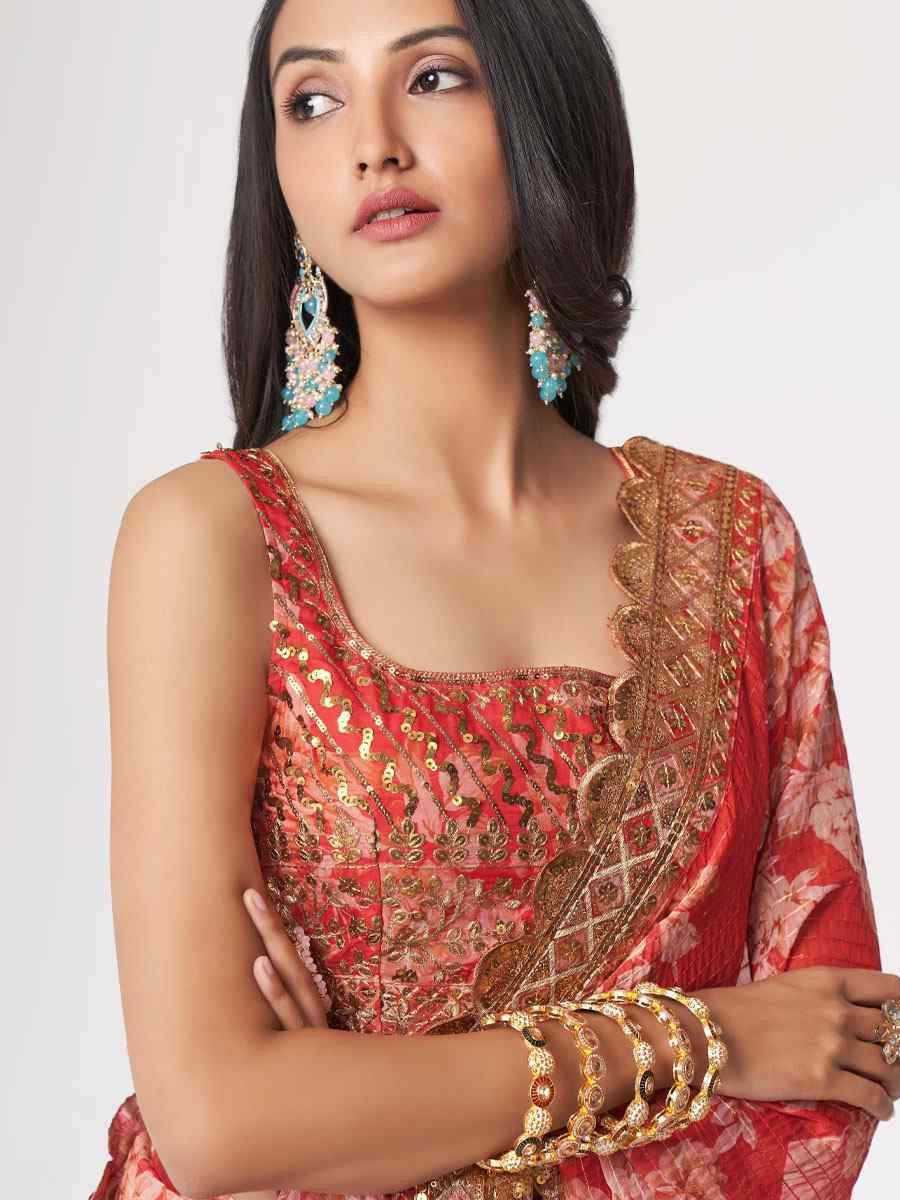 Red Organza Printed Embroidery Festival Wedding Fancy Heavy Border Saree
