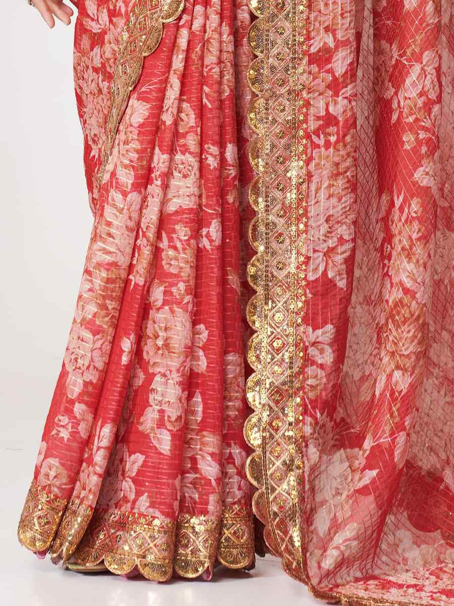 Red Organza Printed Embroidery Festival Wedding Fancy Heavy Border Saree