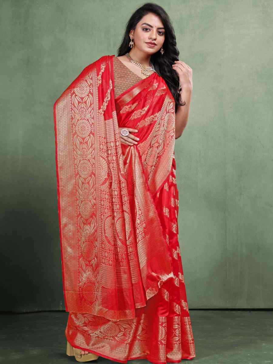 Red Organza Silk  Handwoven Zari Bridal Reception Festival Wedding Fancy Heavy Border Saree