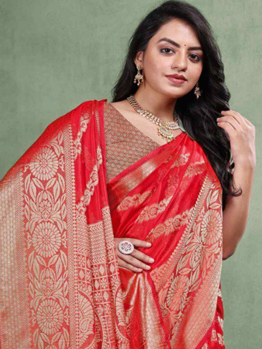 Red Organza Silk Handwoven Zari Bridal Reception Festival Wedding Fancy Heavy Border Saree