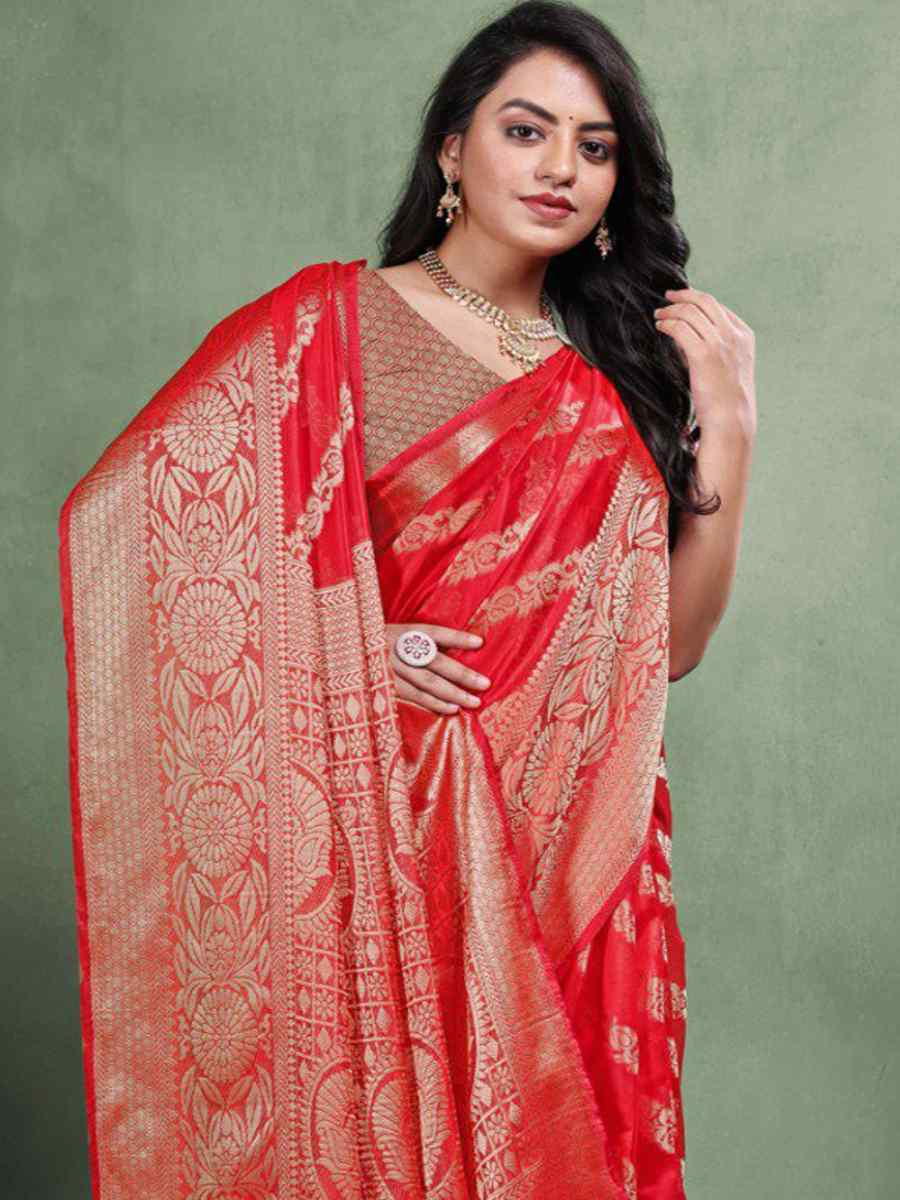 Red Organza Silk Handwoven Zari Bridal Reception Festival Wedding Fancy Heavy Border Saree