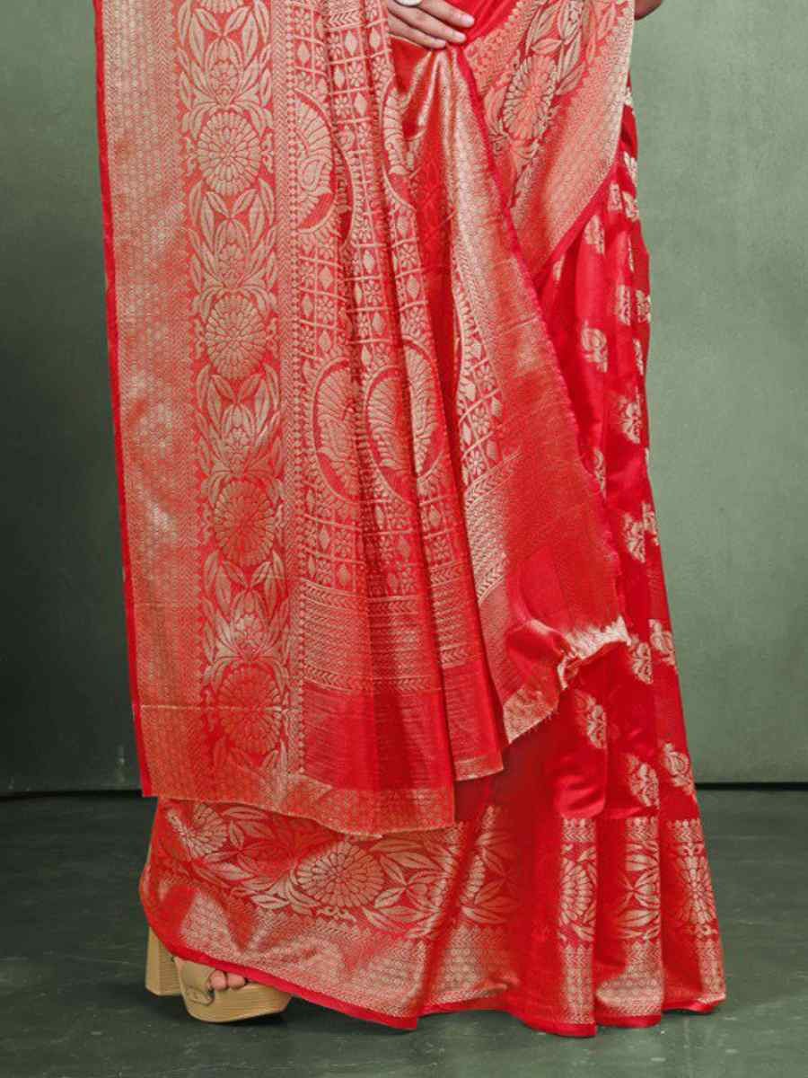 Red Organza Silk  Handwoven Zari Bridal Reception Festival Wedding Fancy Heavy Border Saree