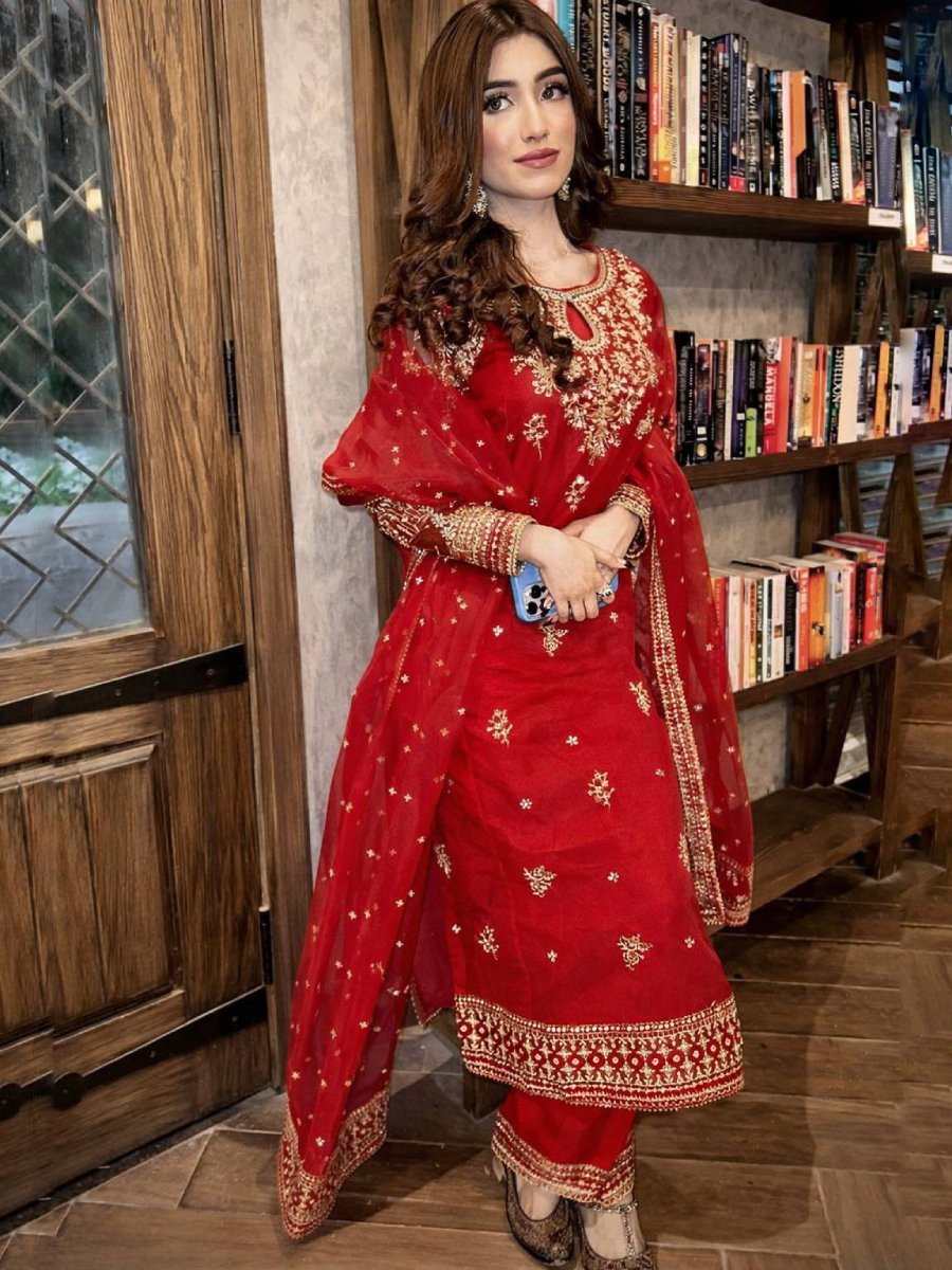 Red Organza silk Embroidery Zari Sequins Wedding Party Festival Casual Ready Palazzo Pant Salwar Kameez