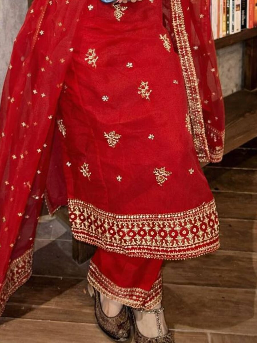 Red Organza silk Embroidery Zari Sequins Wedding Party Festival Casual Ready Palazzo Pant Salwar Kameez
