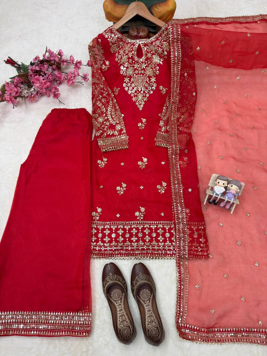 Red Organza silk Embroidery Zari Sequins Wedding Party Festival Casual Ready Palazzo Pant Salwar Kameez