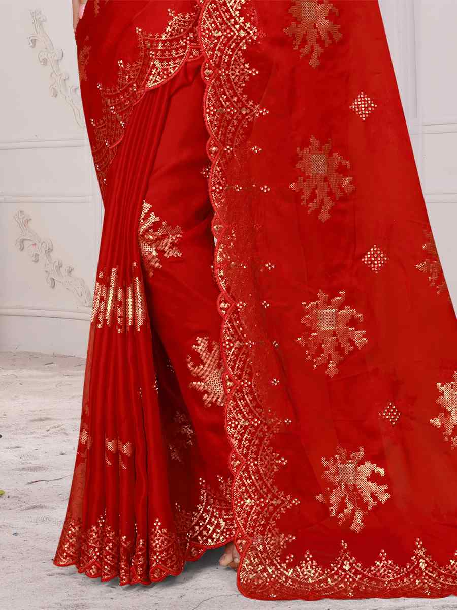Red Organza Soft Silk Embroidered Festival Party Heavy Border Saree