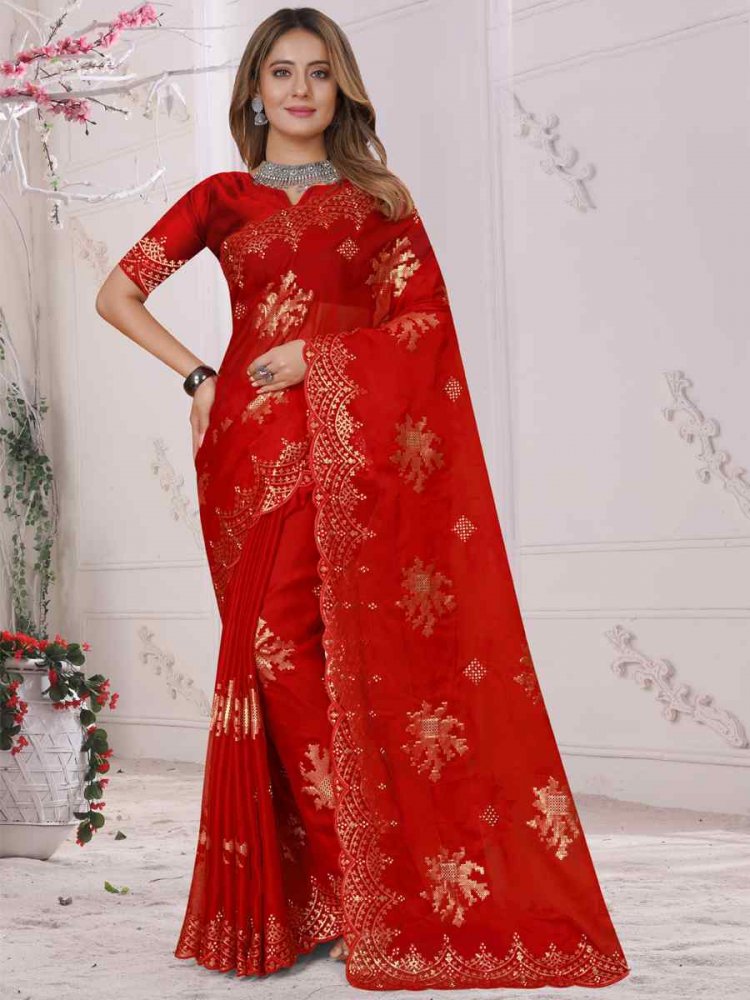 Red Organza Soft Silk Embroidered Festival Party Heavy Border Saree