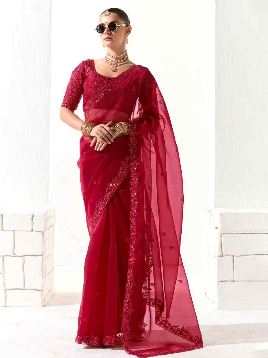 Red Organza Tissue Embroidered Festival Wedding Fancy Heavy Border Saree