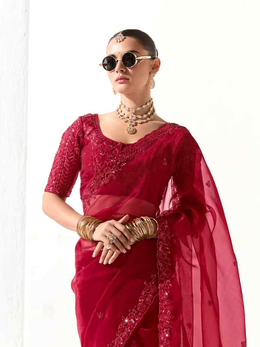 Red Organza Tissue Embroidered Festival Wedding Fancy Heavy Border Saree