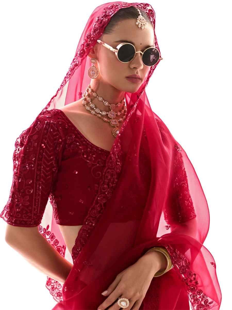 Red Organza Tissue Embroidered Festival Wedding Fancy Heavy Border Saree