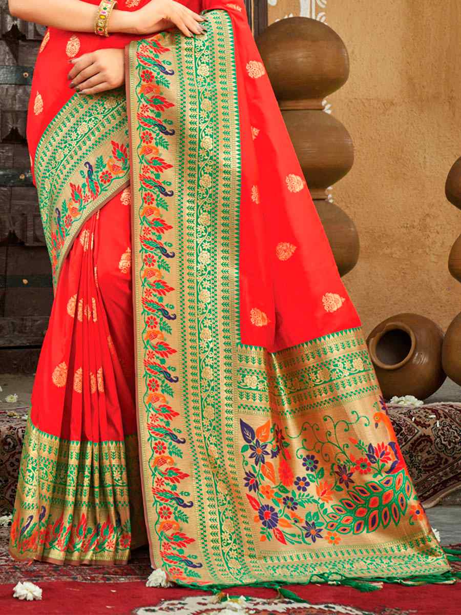 Red Paithani Silk Handwoven Printed Wedding Heavy Border Saree