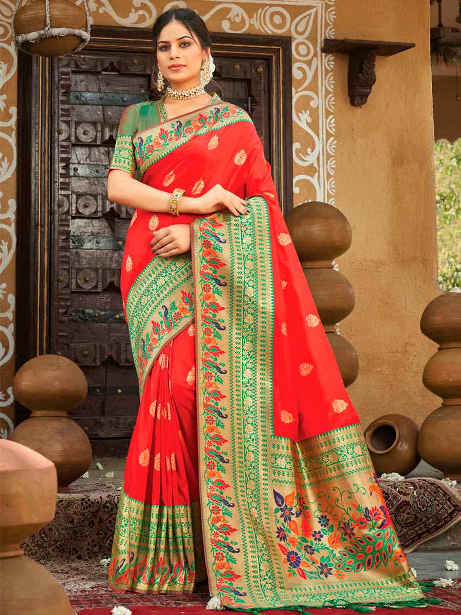 Red Paithani Silk Handwoven Printed Wedding Heavy Border Saree