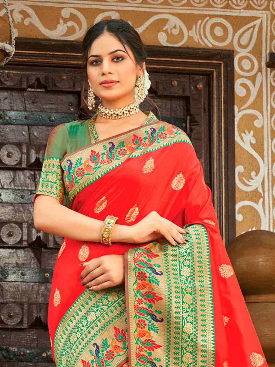 Red Paithani Silk Handwoven Printed Wedding Heavy Border Saree