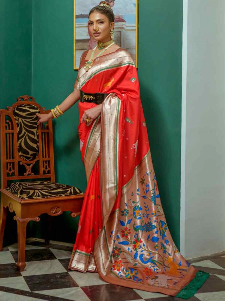 Red Paithani Silk Handwoven Wedding Festival Heavy Border Saree