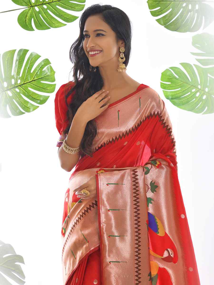 Red Paithani Silk Handwoven Wedding Festival Heavy Border Saree