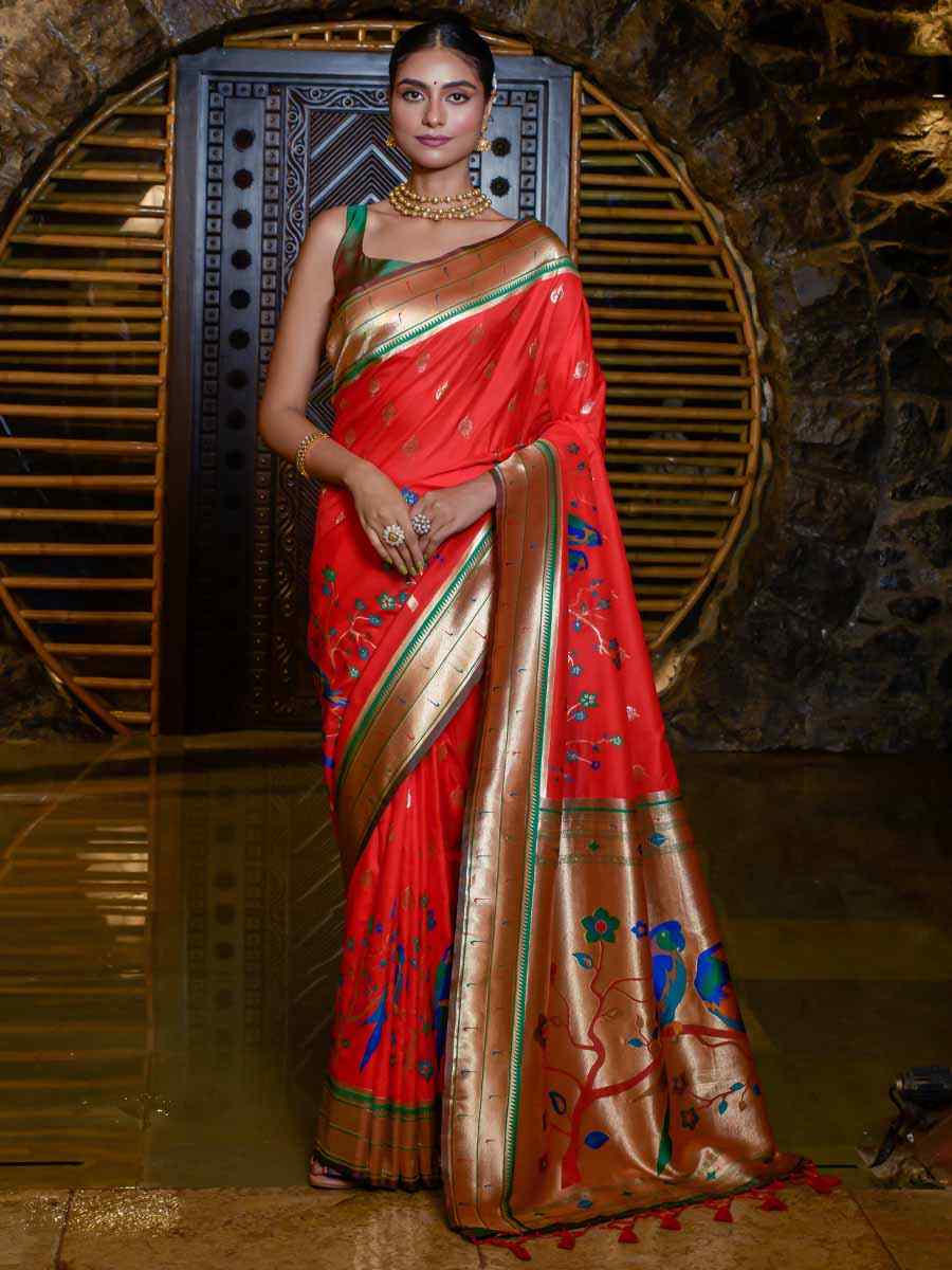 Red Paithani Silk Handwoven Wedding Festival Heavy Border Saree