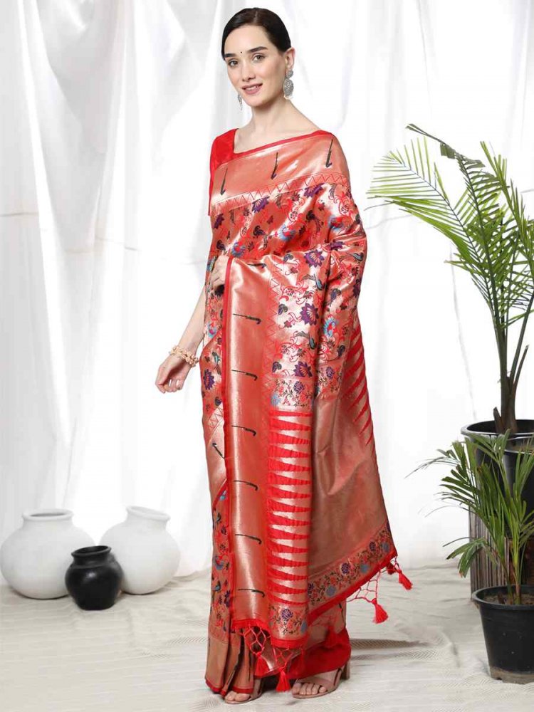 Red Paithani Silk Handwoven Wedding Festival Heavy Border Saree