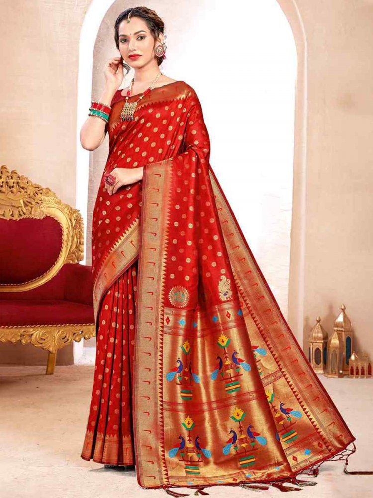 Red Paithani Silk Handwoven Wedding Festival Heavy Border Saree