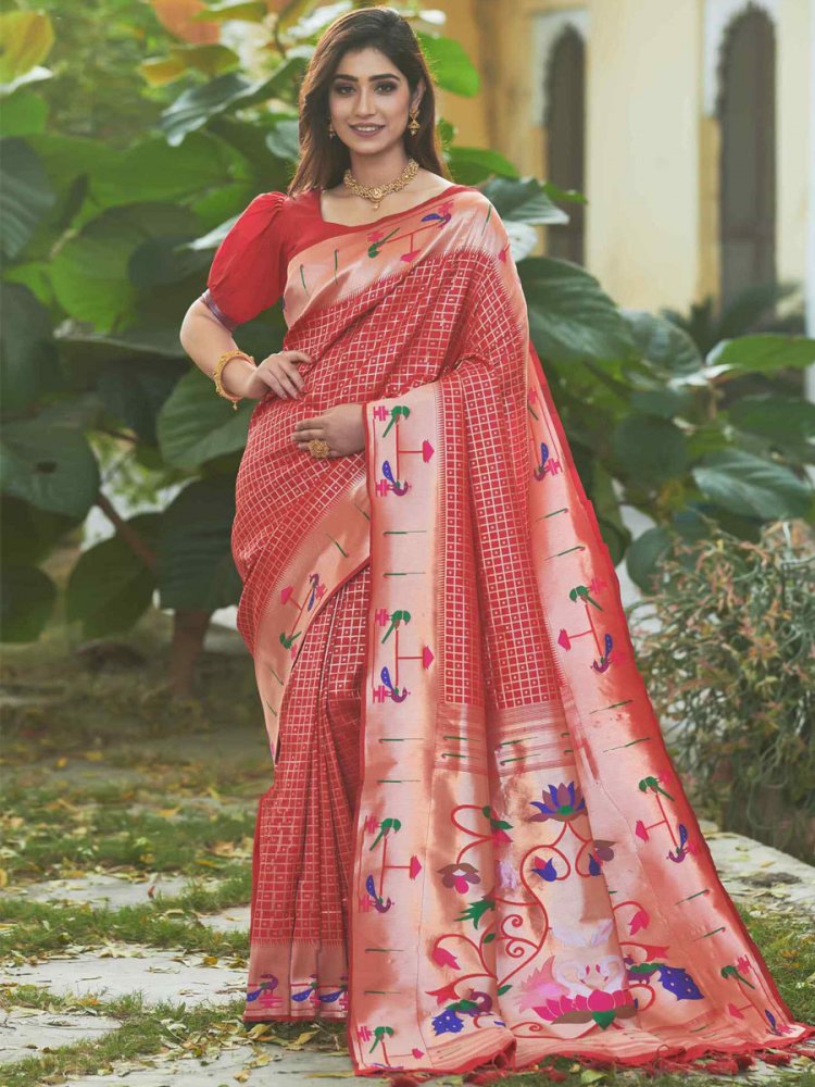 Red Paithani Silk Handwoven Wedding Festival Heavy Border Saree